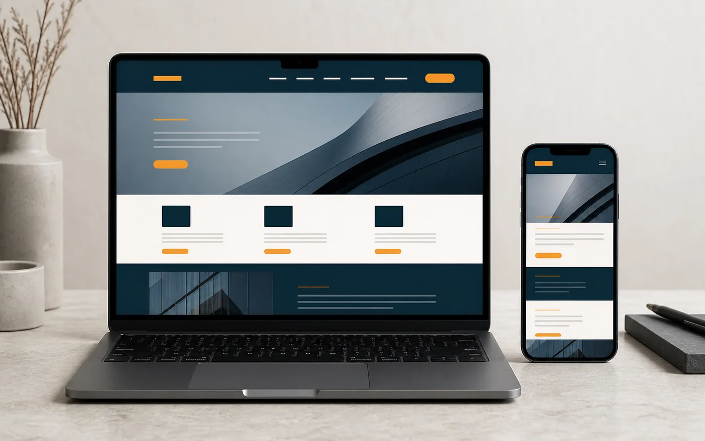 Site jurídico exibido em notebook e celular